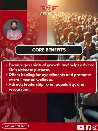 The core benefits of the 4 Mukhi Rudraksha include spiritual growth, healing for eye ailments, and attracting leadership roles. It is known to promote overall mental wellness and help one achieve their life's purpose.