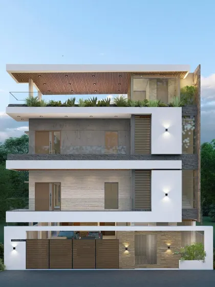 This facade design concept uses a mix of concrete cladding, marble, and wood elements. The rooftop terrace is designed with planters to create a green crown for the building.
