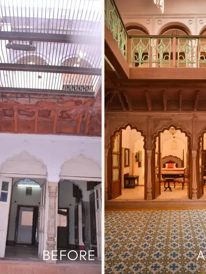 A before-and-after view from the courtyard, looking up. The original structure was reinforced, and new architectural elements were added, replicating the original scale and finish while improving quality.