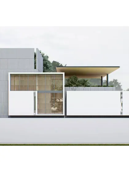 The minimalist entrance facade of the Aakiri Residence. The design uses a clean composition of white planes and a recessed wooden screen to create a sense of privacy and understated elegance from the street.