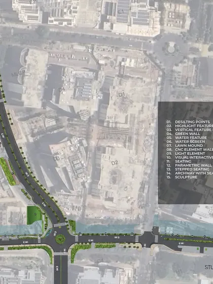 The masterplan for the landscape revamp of Embassy Manyata Tech Park. This aerial plan identifies key intervention zones and lists the proposed features, providing a strategic overview of the entire project.