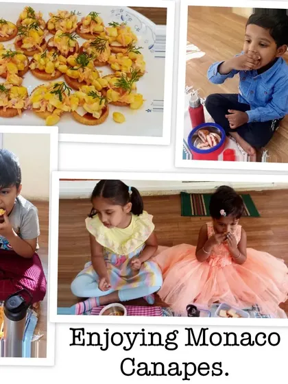The final result: delicious and colorful Monaco canapés ready to be enjoyed. The children were so proud to eat the beautiful snacks they assembled themselves.