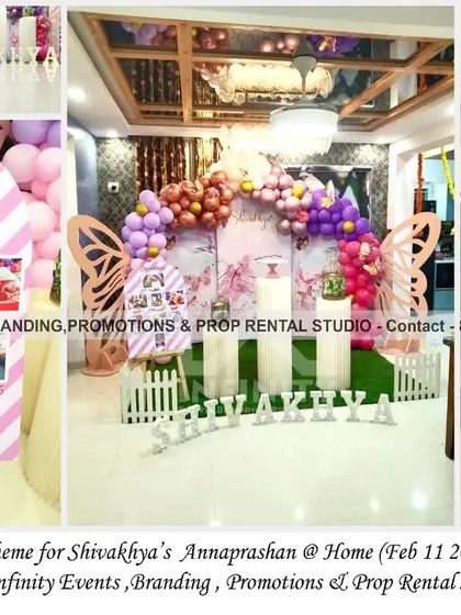 A beautiful butterfly theme chosen for a traditional Annaprashan ceremony at home. The setup includes semi-arch backdrops with butterfly wings, a lovely balloon garland, and a custom milestone board, blending tradition with modern aesthetics.