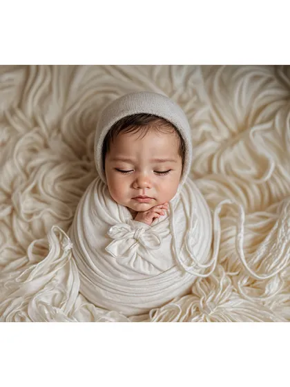 An angelic newborn portrait with the baby swaddled in all white, creating a pure and serene image.