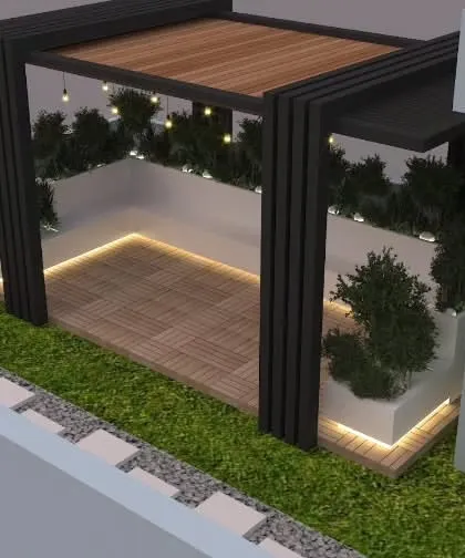 An isometric view of a proposed terrace design. The render shows a pergola with built-in planters on a raised deck, making efficient use of a corner space.