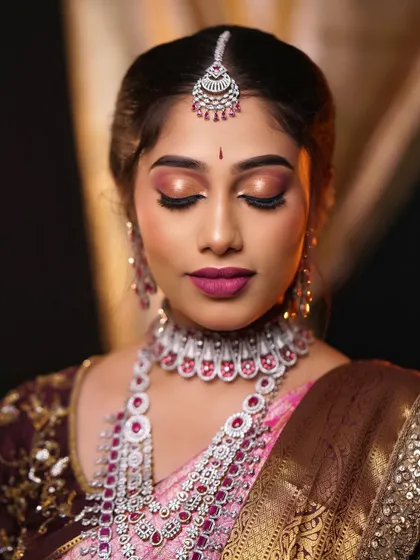 A close-up with eyes closed, showcasing the soft blend of pink and brown eyeshadow. This is a versatile look that suits many different bridal outfits.
