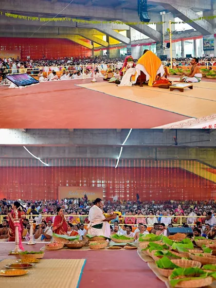 An overview of the Shat Chandi Homa setup, with priests and devotees gathered for the ceremony. These large scale homas are performed for the peace and prosperity of the entire world.
