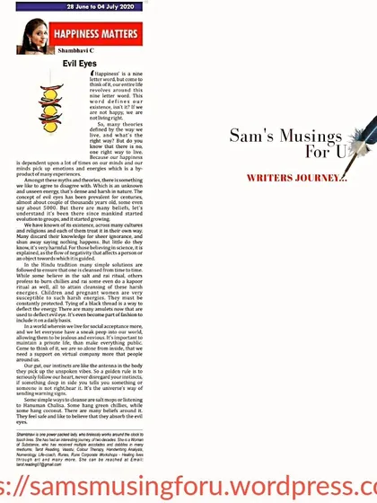 My column on "Evil Eyes," where I delve into ancient myths and modern beliefs about this common spiritual concern.