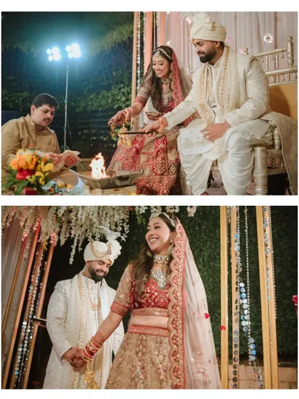 Moments from a North Indian wedding ceremony, including the sacred fire ritual and the couple holding hands.