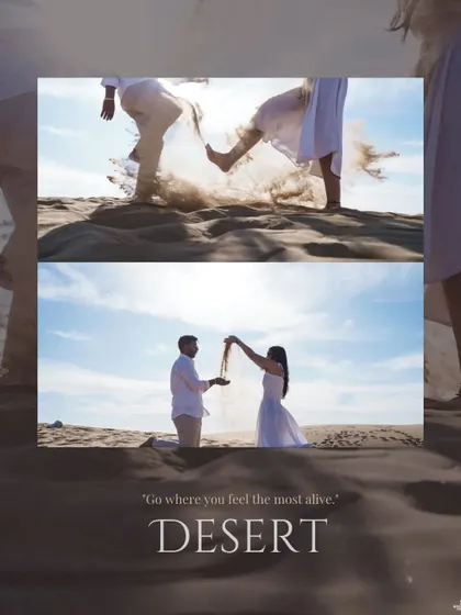 A creative collage showing the couple playing with sand in the desert, capturing a sense of freedom and joy.