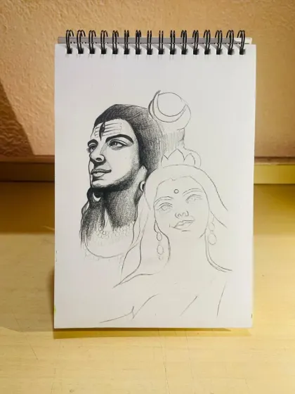 Another view of the Shiv Parvati sketch in progress. The contrast between the finished and unfinished parts is interesting to see.