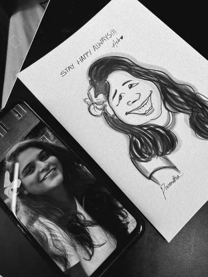 Here’s how it works. You send me a photo, and I turn it into a unique piece of art. This black and white caricature shows the transformation from a phone picture to a hand-drawn keepsake.