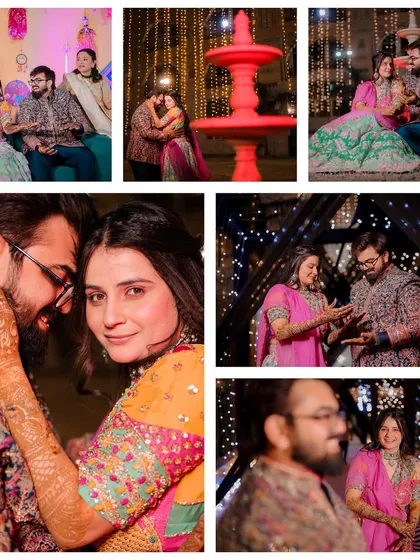 A collage capturing the colorful and intimate moments of a Mehendi or Haldi function. From the couple's loving interactions to the festive decor, it’s a celebration of love and tradition.