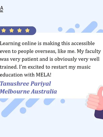 A testimonial from Tanushree in Melbourne, Australia. I'm so glad my online classes make music education accessible overseas and that she found the faculty patient and well trained.