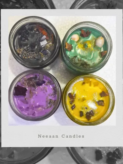 Let your space glow with intention. Each of these jar candles is handcrafted with different colors, crystals, and botanicals to spark a specific vibe, from peace to protection.