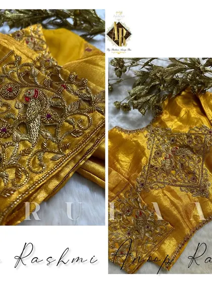 A mustard yellow blouse featuring intricate peacock and floral motifs in zardosi embroidery. The back has a square opening framed with the same detailed work.