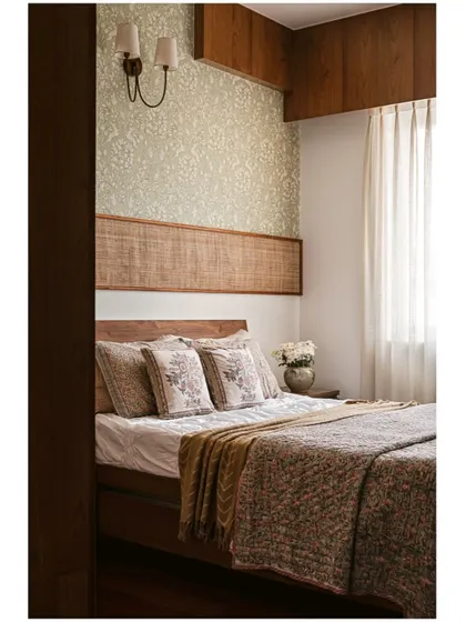 A cozy guest bedroom from "The Varnam Edit," featuring a cane headboard, soft floral wallpaper, and warm lighting.