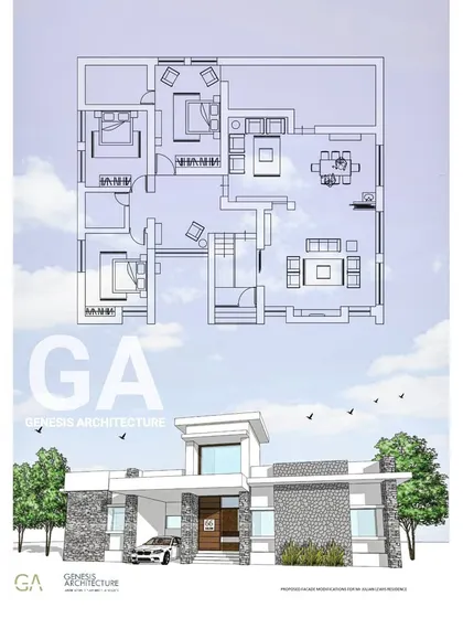 A presentation sheet combining a floor plan with a 3D render for a proposed stone farmhouse. This format helps clients clearly understand the layout of the rooms and how the finished home will look, complete with its beautiful stone facade.