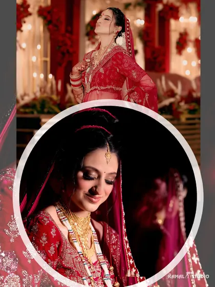A collage of the bride's artistic portraits, capturing her beauty and the elegance of her red wedding attire.
