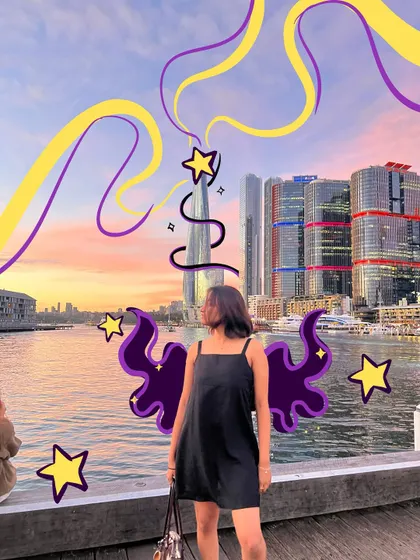 A magical sunset in Sydney. I added these purple and yellow doodles to look like magical energy rising from the city.