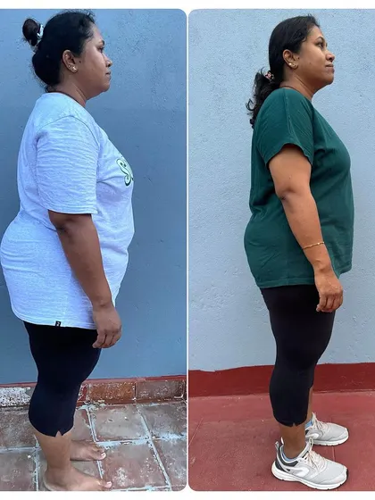 A side profile of a year-long transformation. You can see the results of consistent effort in her improved posture and leaner physique.