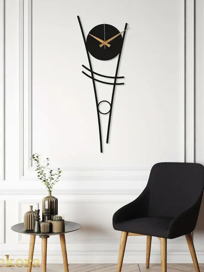 This abstract black metal clock features a dynamic composition of lines and circles, perfect for a minimalist or contemporary art lover.