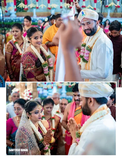 A collage showing the bride and groom's first look and greeting during the wedding ceremony.