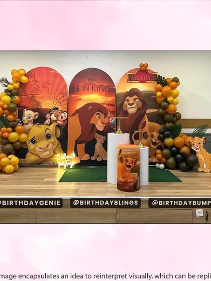 A multi-panel Lion King backdrop creating a panoramic scene of the Pride Lands, complete with character props and balloon columns in sunset colors.