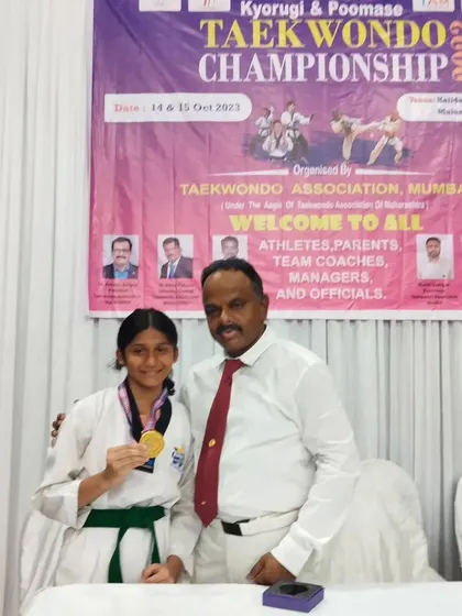 Kinjal Shirke with her gold medal at the 3rd Open State Taekwondo Championship. Her performance in both Kyurogi and Poomsae was outstanding.