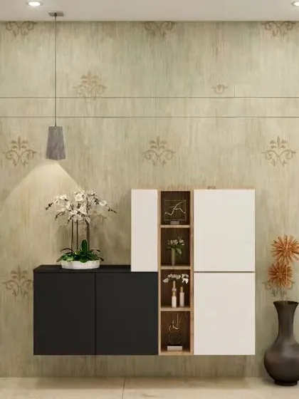 This minimalist floating credenza is a versatile piece for a foyer or dining area. The black and white cabinet is offset by open shelving in the middle, creating a balanced and modern storage solution.