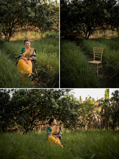 A creative collage showing the bride in a field, with one shot featuring an empty chair to add an artistic, storytelling element.