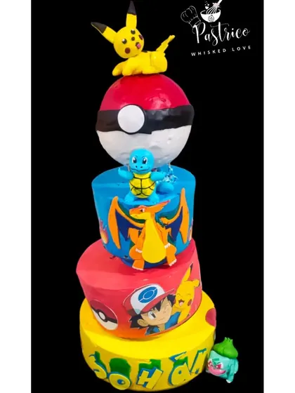 A towering four-tiered topsy-turvy Pokémon cake, featuring a piñata top tier filled with candies for an extra surprise.