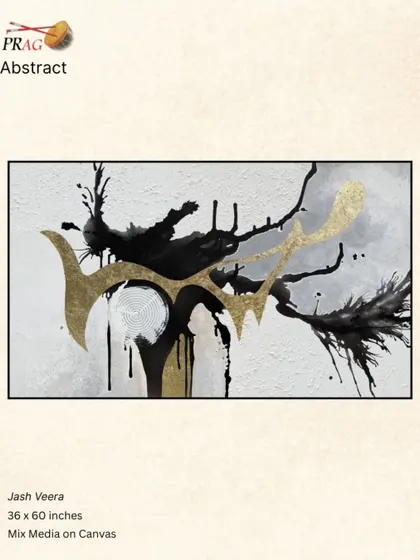 A minimalist yet powerful abstract by Jash Veera, where bold black ink strokes and gold leaf create a dramatic and elegant composition.