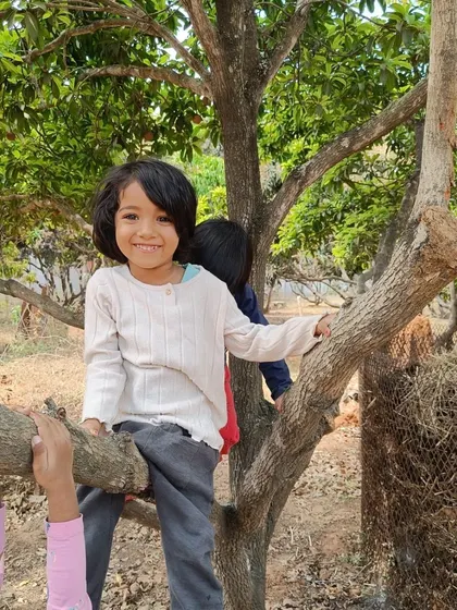 A happy smile from a child perched safely in a tree. We provide a supportive environment for children to explore their physical abilities and build confidence.