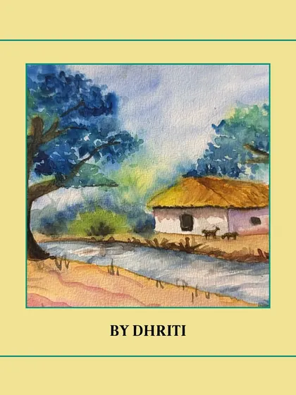 A simple yet evocative village scene by Dhriti. The use of earthy tones and wet-on-wet technique for the trees creates a lovely, natural feel.