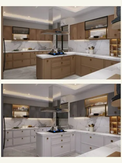 This image presents two design options for the same kitchen layout, demonstrating how changing cabinet finishes from warm brown to cool grey can completely transform the mood of the space.