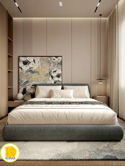 A frontal view of the same bedroom, showing the panelled accent wall and modern pendant light.