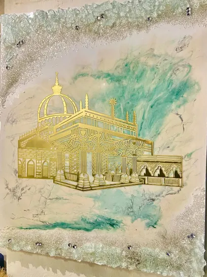 Another angle of the Ajmer Sharif Dargah artwork, highlighting the beautiful contrast between the gold illustration and the soft, cloudy resin background.