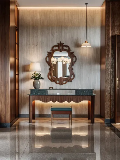 The entryway sets the tone for the entire home. For this foyer, I designed a custom console with a beautiful green marble top and paired it with an ornate wooden mirror. The under-lighting and polished floors create a warm, luxurious welcome.
