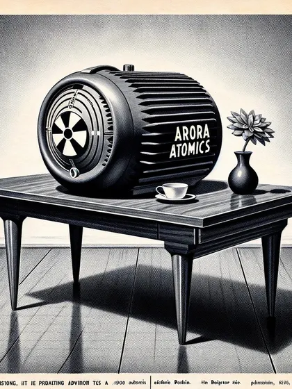 A minimalist ad for an Arora Atomics home reactor, presented as a sleek, modern piece of furniture. This explores the design language of mid-century modernism.