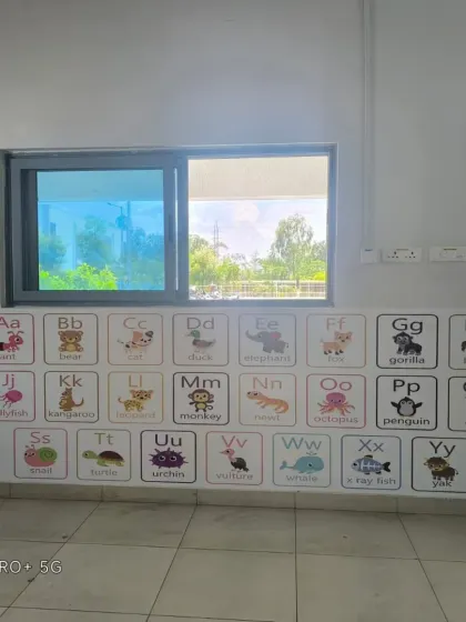 An alphabet wallpaper with corresponding animals, making learning fun. This is a practical and decorative choice for a school or playroom.