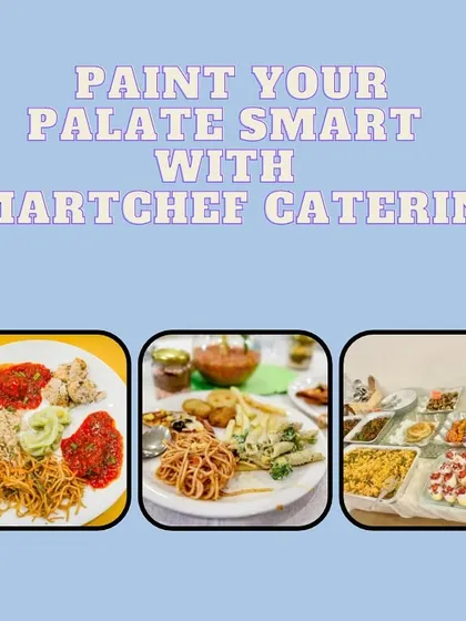 Paint your palate smart with our catering. This collage shows the variety and beautiful presentation of our food, from plated meals to buffet spreads.