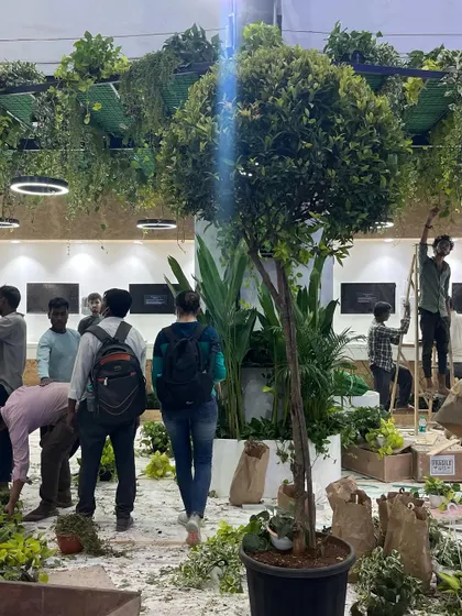 Our team works together to bring the full vision to life. This shot captures the energy and scale of our on-site work, turning an empty space into a temporary indoor garden.