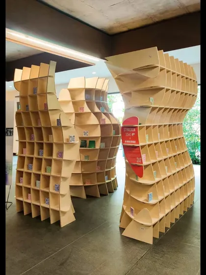 The 'Stradata' folly being assembled on site. The project was a collaboration where we used parametric modeling for form derivation and advanced factory production for precise, minimal-wastage fabrication.