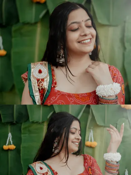 A collage of the bride's happy expressions, capturing her radiant smile and the festive feel of the day.