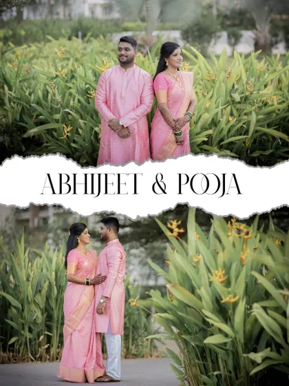 A lovely two-photo collage of a couple in matching pink traditional outfits, set against a lush green backdrop.