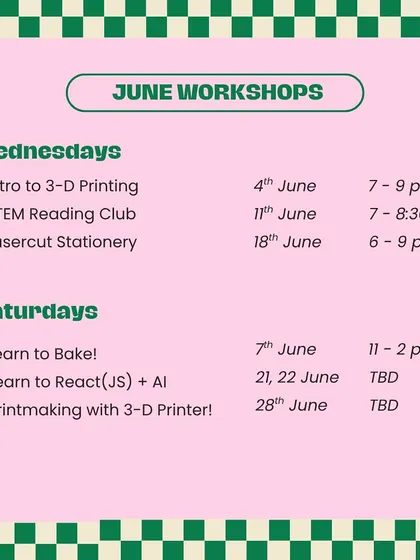 Half the year has flown by! Here is our June calendar of events, with new workshops like "Learn to Bake" and "Printmaking with a 3D Printer" alongside our regulars.