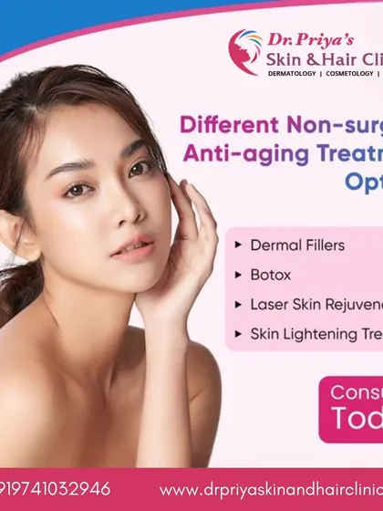 This graphic lists several non-surgical anti-aging treatment options available at my clinic. These include dermal fillers, Botox, laser skin rejuvenation, and skin lightening treatments.