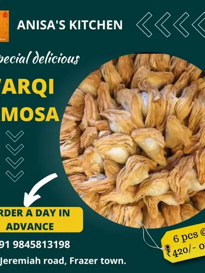 A promotional graphic for our special Warqi Samosas. This highlights the flaky texture and provides quick ordering information for our customers.