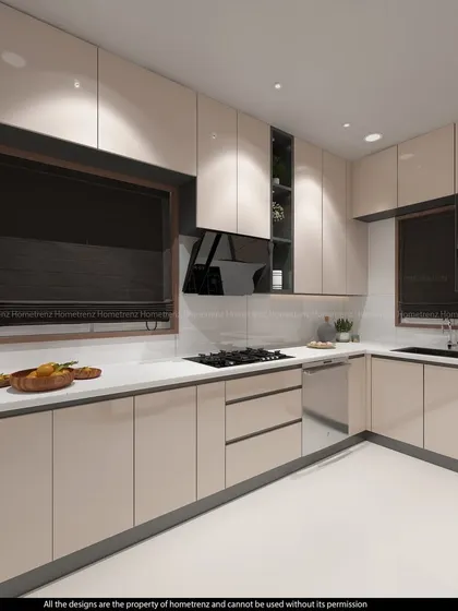 This L-shaped kitchen configuration is perfect for open-plan living. The design includes both closed cabinets and open shelving for a mix of storage and display.